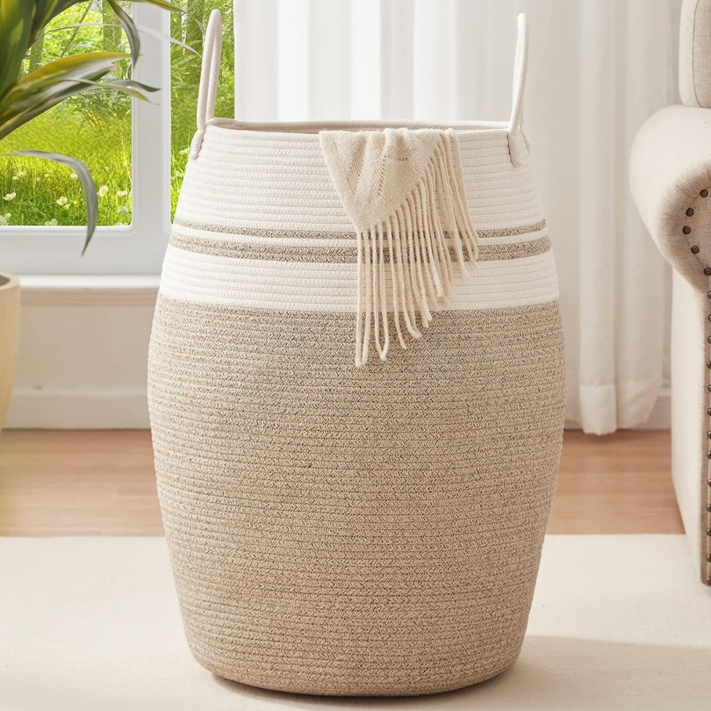 Laundry Hamper Woven Cotton Rope - 25.6" Tall Laundry Basket with Cotton Handles